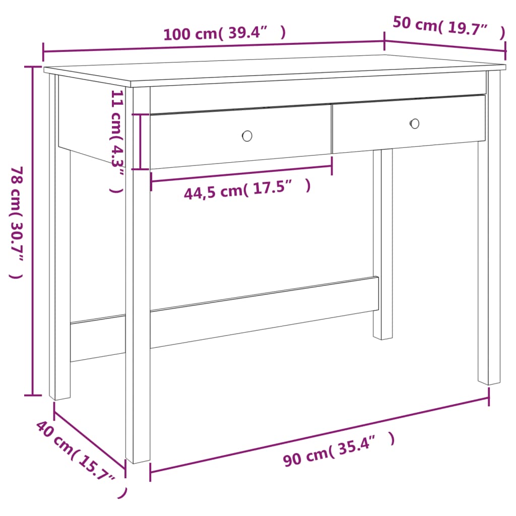 skrivebord med skuffer 100x50x78 cm massivt fyrretræ hvid