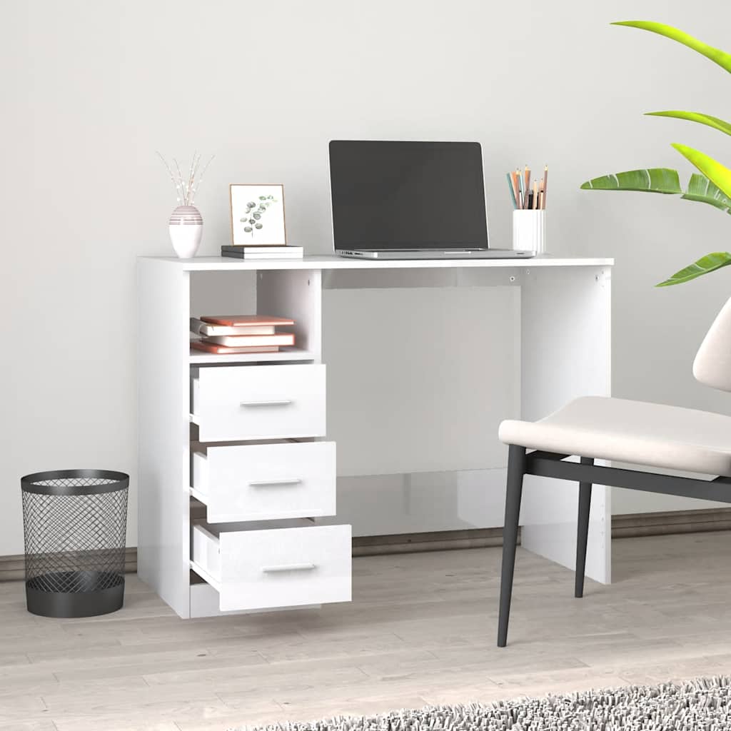 skrivebord m. skuffe 102x50x76 cm konstrueret træ hvid højglans