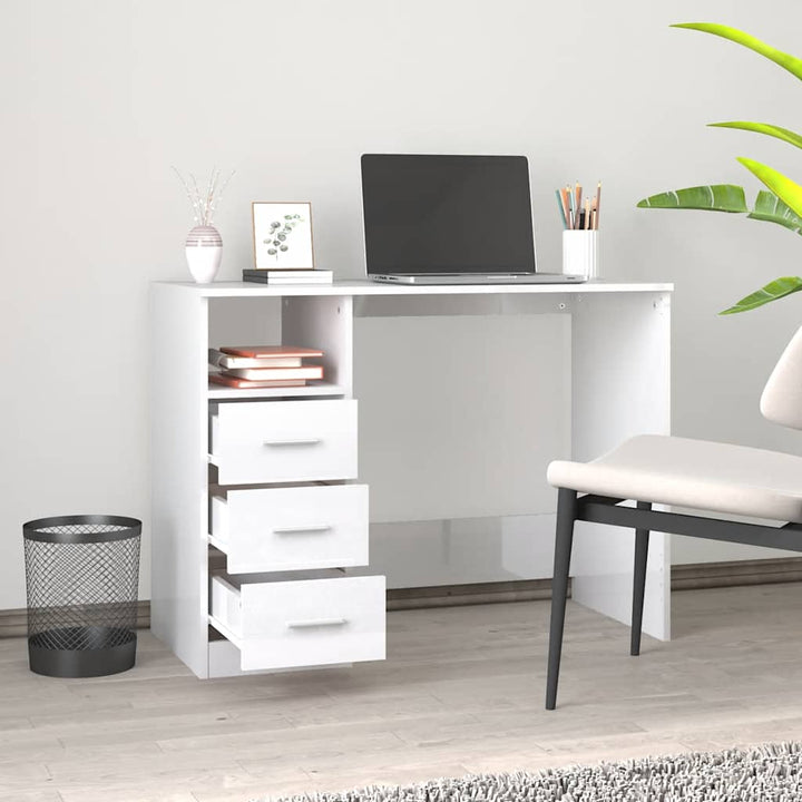 skrivebord m. skuffe 102x50x76 cm konstrueret træ hvid højglans