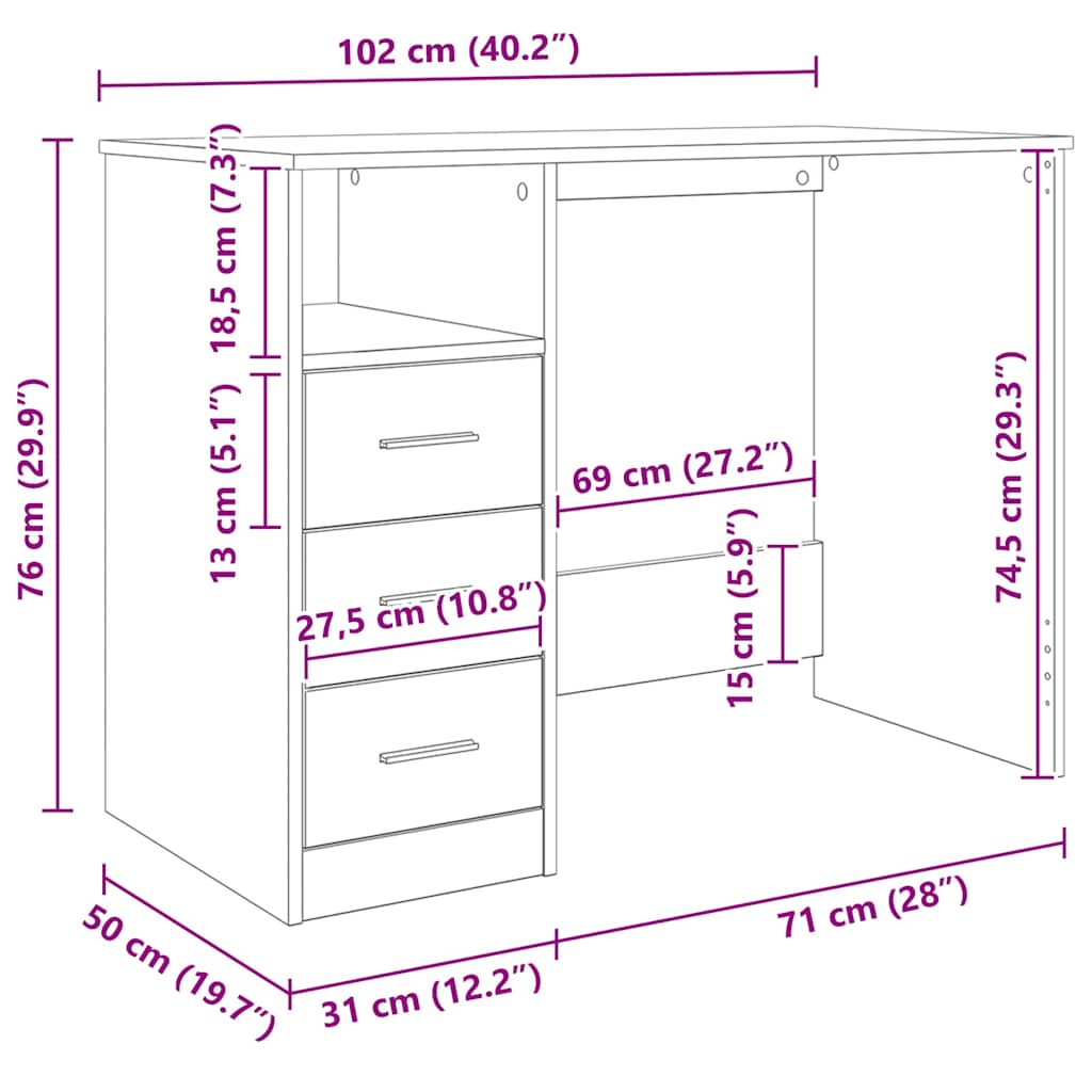 skrivebord m. skuffe 102x50x76 cm konstrueret træ hvid højglans