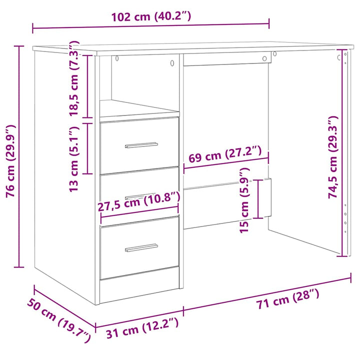 skrivebord m. skuffe 102x50x76 cm konstrueret træ hvid højglans