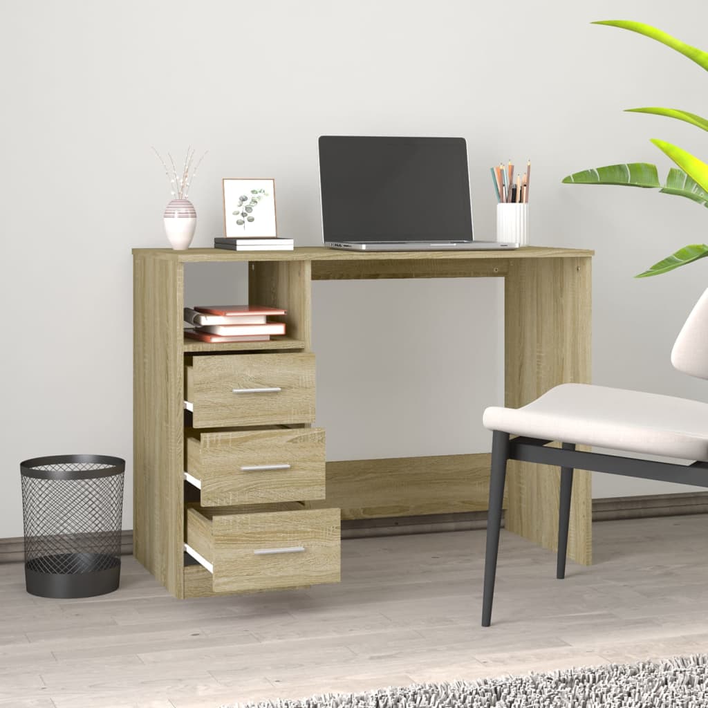 skrivebord m. skuffer 102x50x76 cm konstrueret træ sonoma-eg