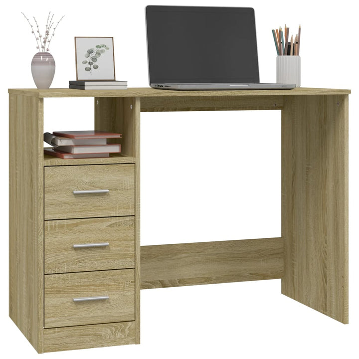 skrivebord m. skuffer 102x50x76 cm konstrueret træ sonoma-eg