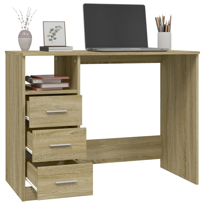 skrivebord m. skuffer 102x50x76 cm konstrueret træ sonoma-eg