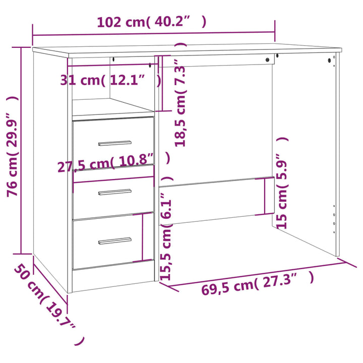 skrivebord m. skuffer 102x50x76 cm konstrueret træ sonoma-eg