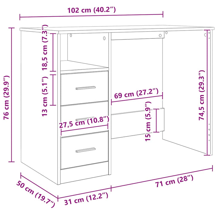 skrivebord m. skuffer 102x50x76 cm konstrueret træ betongrå