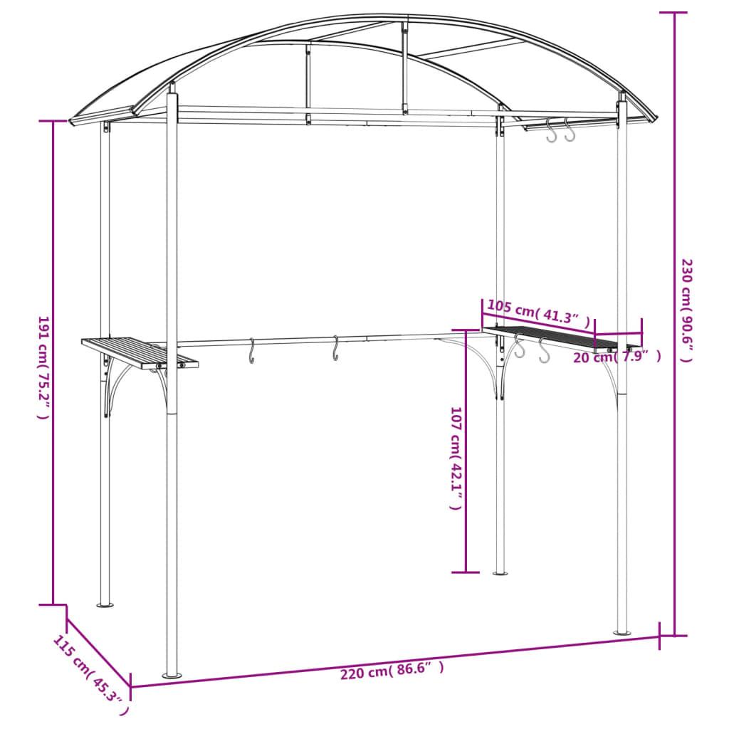 grillpavillon med sidehylder 220x115x230 cm stål antracitgrå