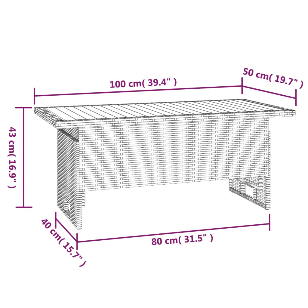 havebord 100x50x43/63 cm massivt akacietræ og polyrattan grå