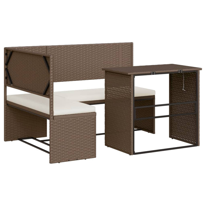 havesofa med bord og hynder L-formet polyrattan brun