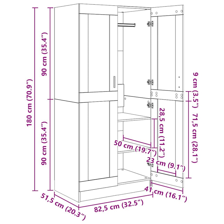 klædeskab 82,5x51,5x180 cm konstrueret træ røget egetræsfarve