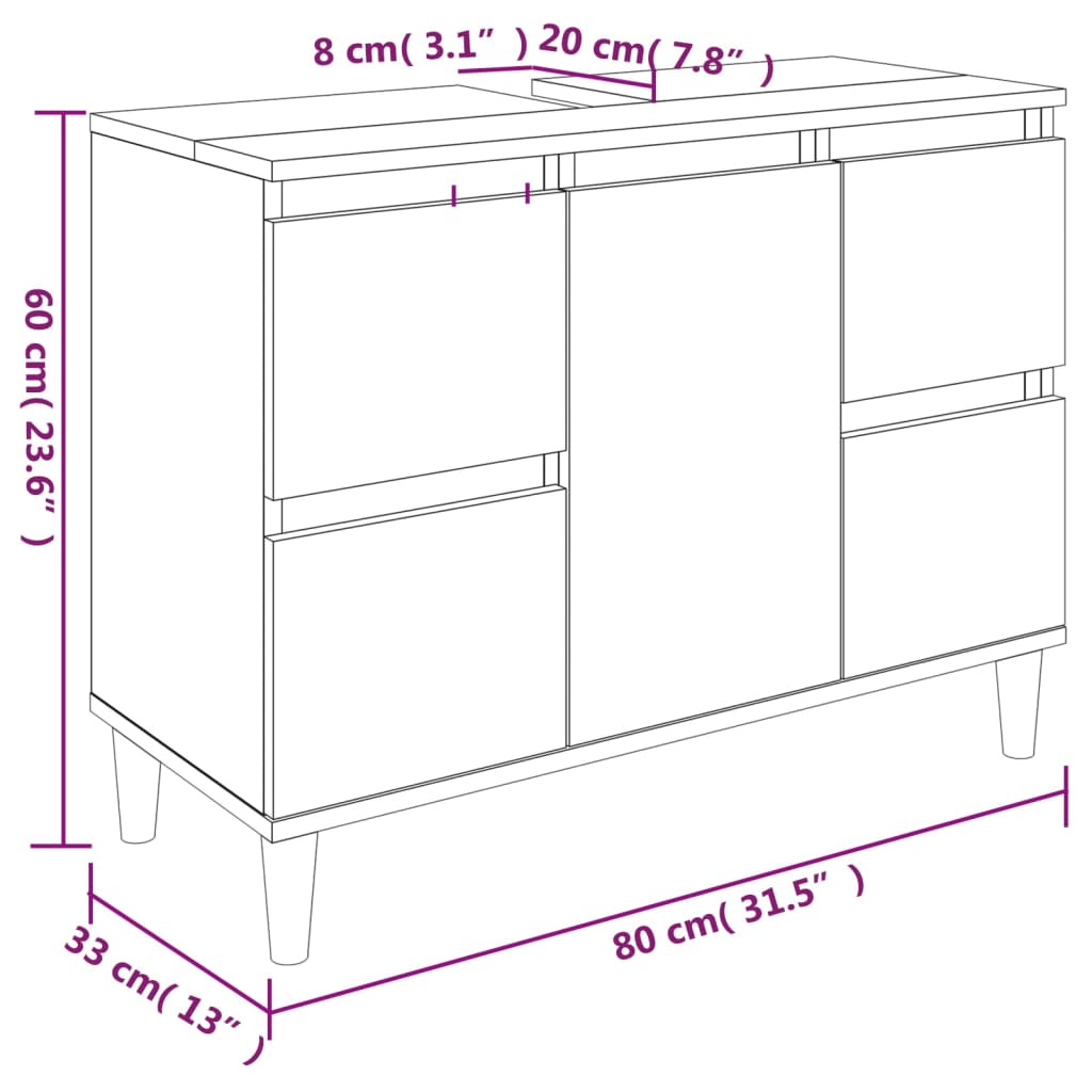 underskab til håndvask 80x33x60 cm konstrueret træ brunt eg