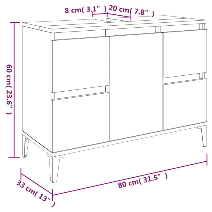 underskab til håndvask 80x33x60 cm konstrueret træ røget eg