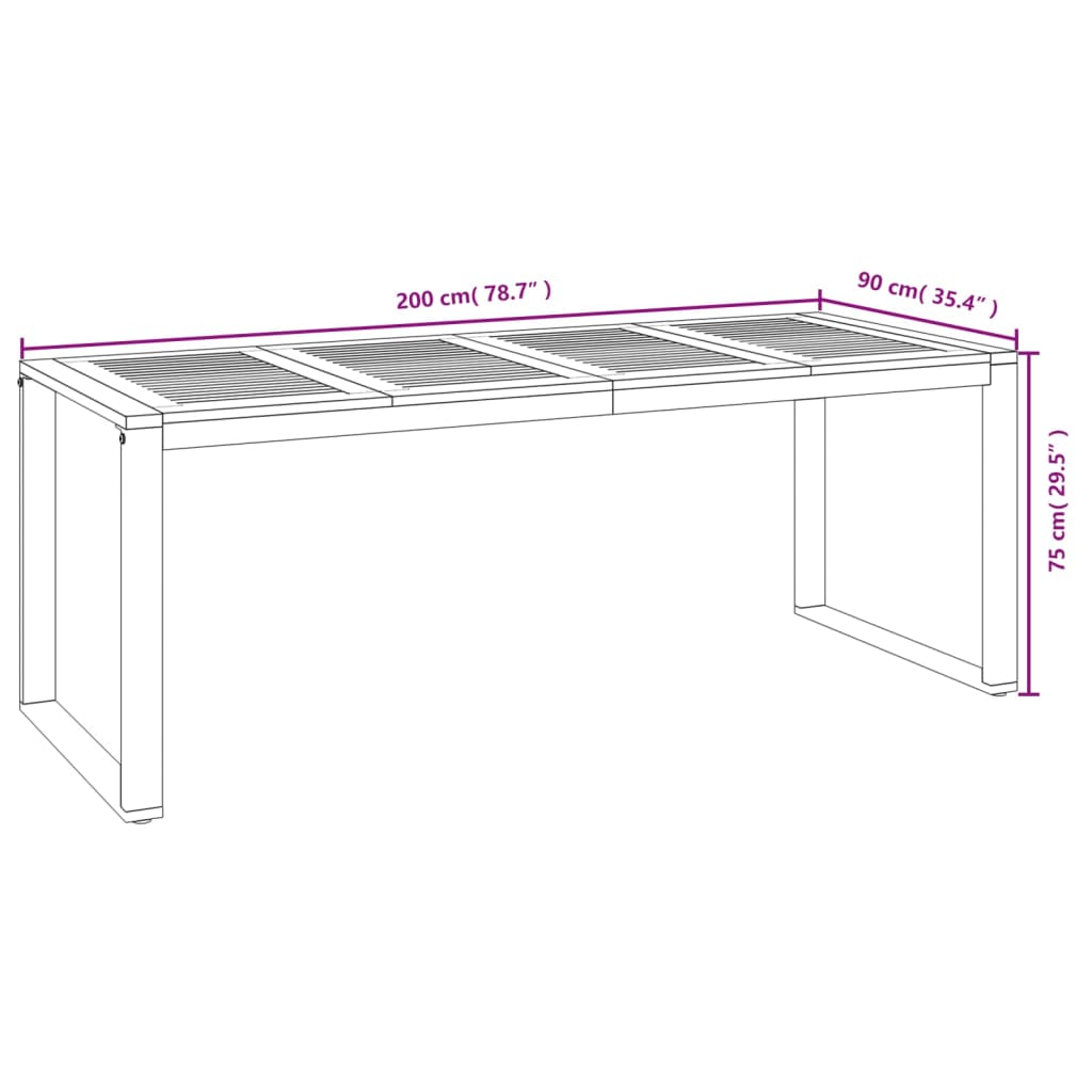 havebord med U-formede ben 200x90x75 cm massivt akacietræ