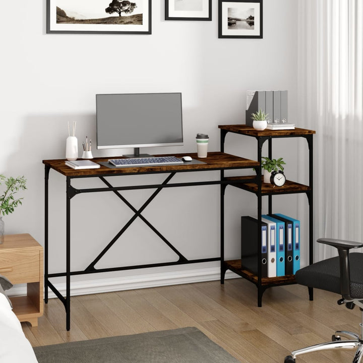 skrivebord m. hylder 135x50x90 cm konstrueret træ jern røget eg