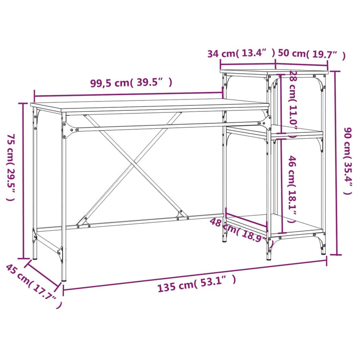 skrivebord 135x50x90 cm konstrueret træ og jern grå sonoma-eg