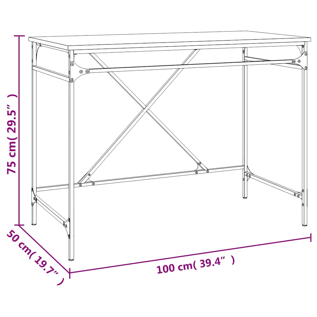 skrivebord 100x50x75 cm konstrueret træ og jern brunt eg