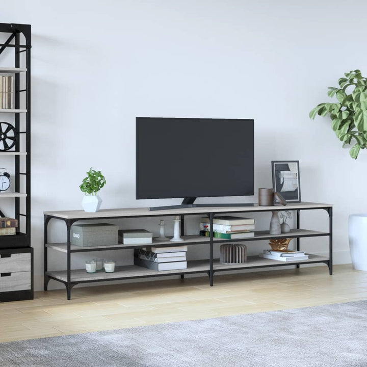 tv-bord 200x30x50 cm konstrueret træ og metal grå sonoma-eg
