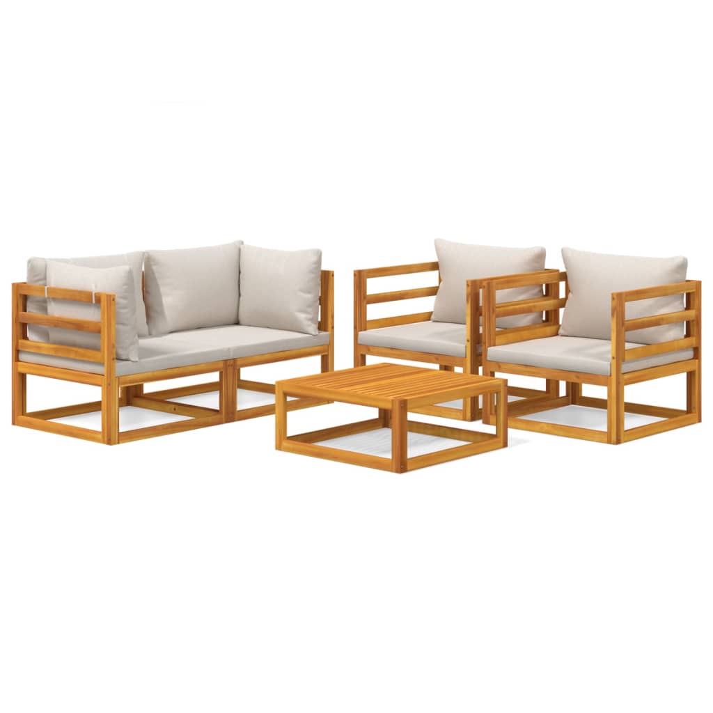 loungesæt til haven 5 dele med lysegrå hynder massivt træ