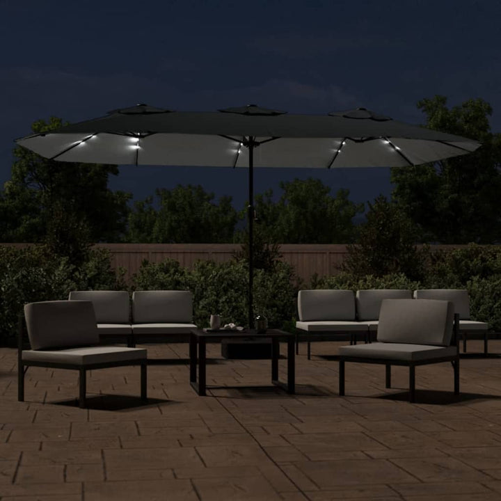 parasol m. dobbelt parasoldug og LED-lys 449x265 cm antracitgrå