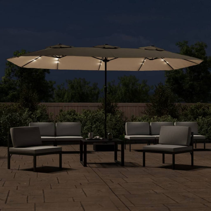parasol med dobbelt parasoldug og LED-lys 449x265 cm gråbrun