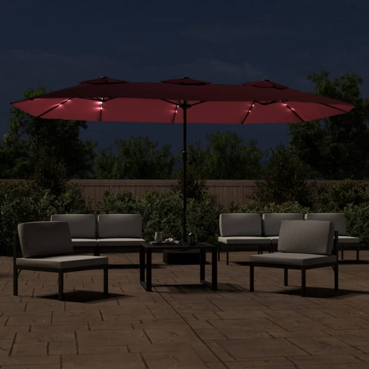 parasol m. dobbelt parasoldug og LED-lys 449x265 cm bordeauxrød
