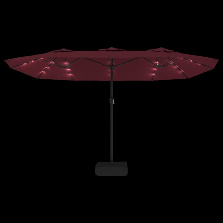 parasol m. dobbelt parasoldug og LED-lys 449x265 cm bordeauxrød
