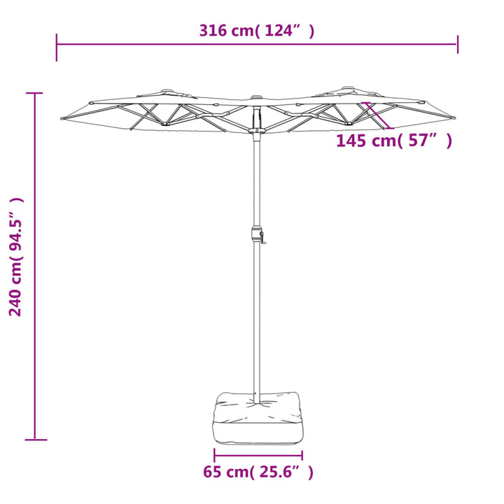 parasol med dobbelt parasoldug og LED-lys 316x145 cm gråbrun