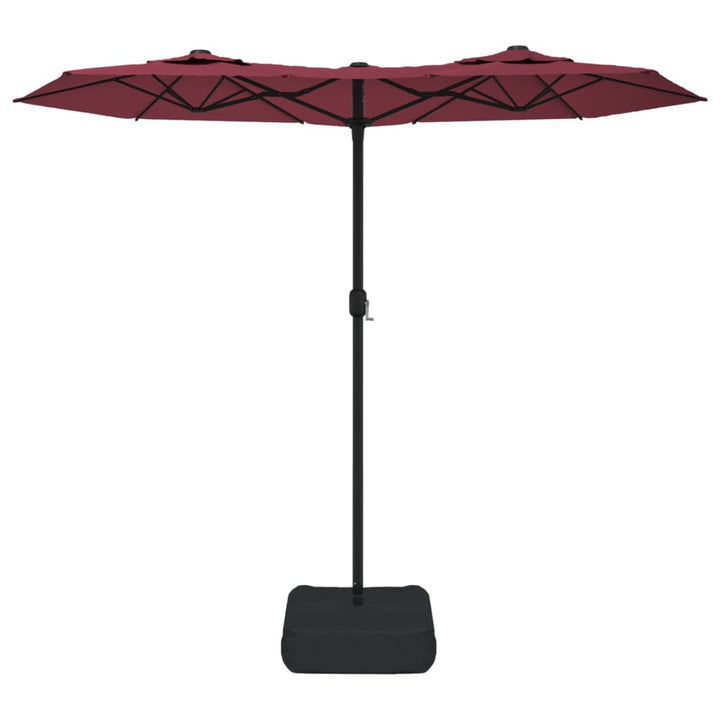 parasol m. dobbelt parasoldug og LED-lys 316x145 cm bordeauxrød