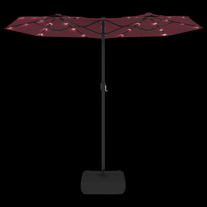 parasol m. dobbelt parasoldug og LED-lys 316x145 cm bordeauxrød