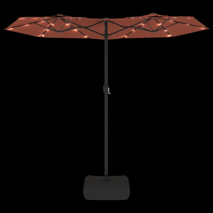 parasol m. dobbelt parasoldug og LED-lys 316x145 cm terrakotta
