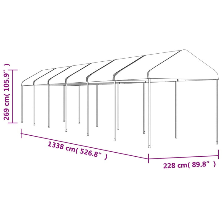 pavillon med tag 13,38x2,28x2,69 m polyethylen hvid