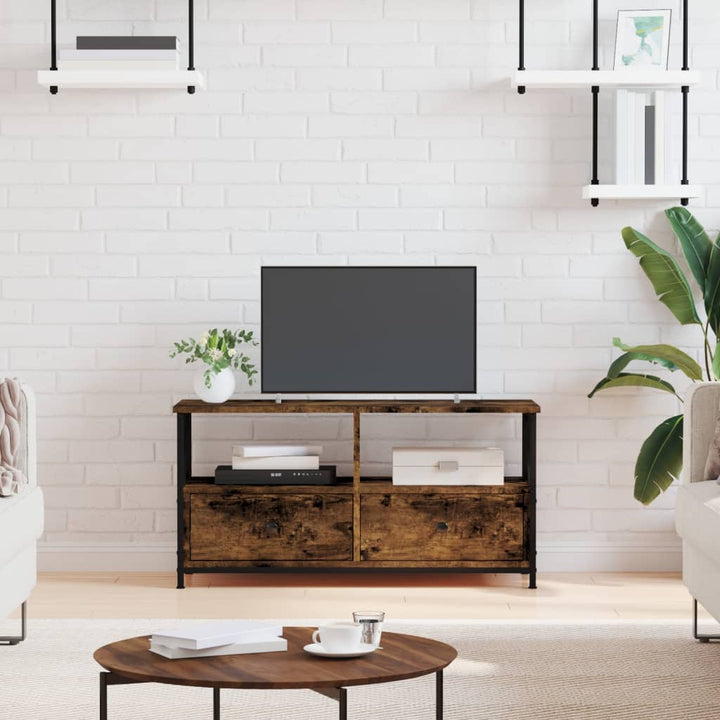 tv-bord 90x33x45 cm konstrueret træ og jern røget egetræsfarve