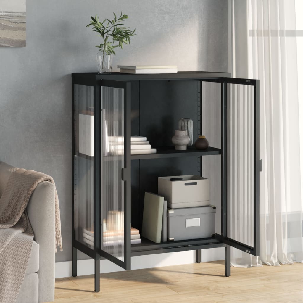 skænk 75x35x105 cm glas og stål sort