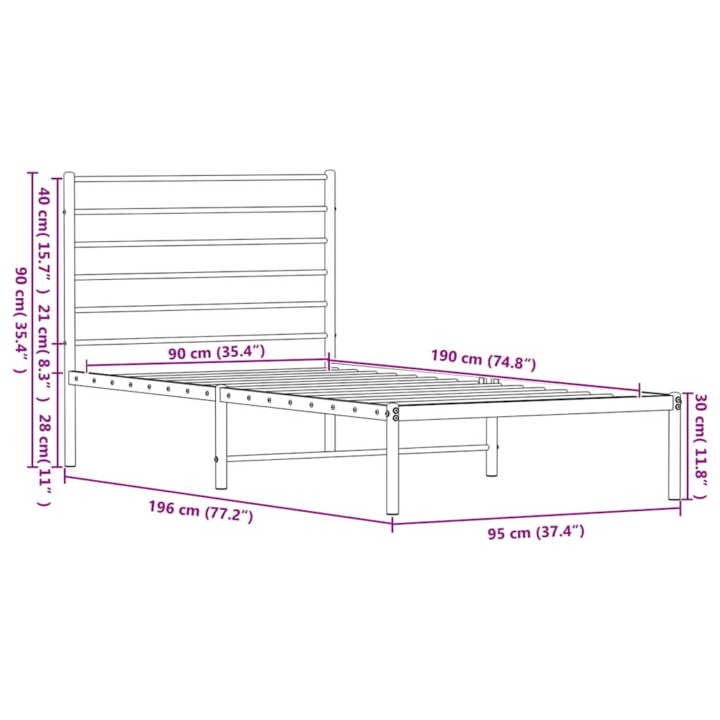 sengeramme med sengegavl 90x190 cm metal hvid