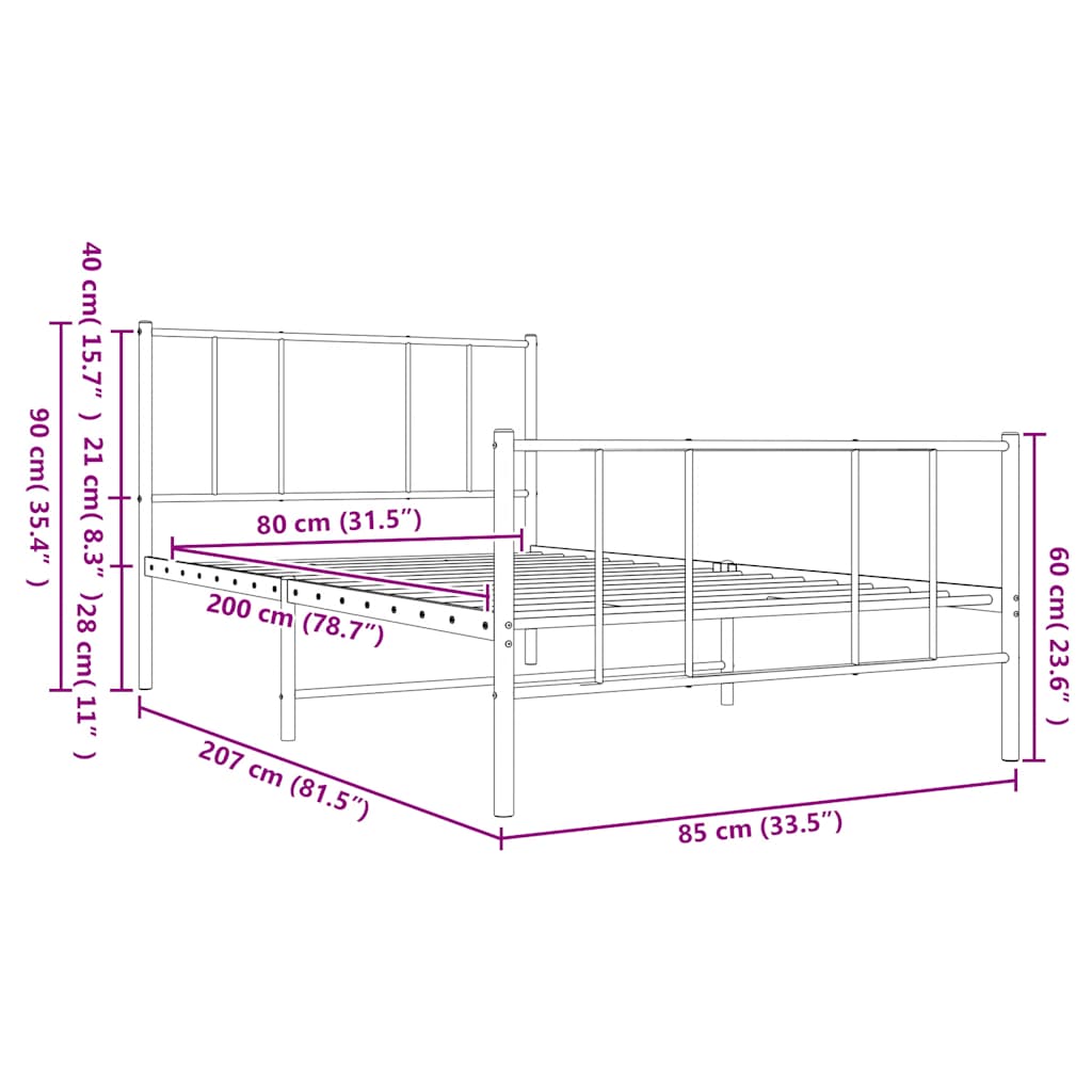 sengeramme med sengegavl og fodgærde 80x200 cm metal hvid