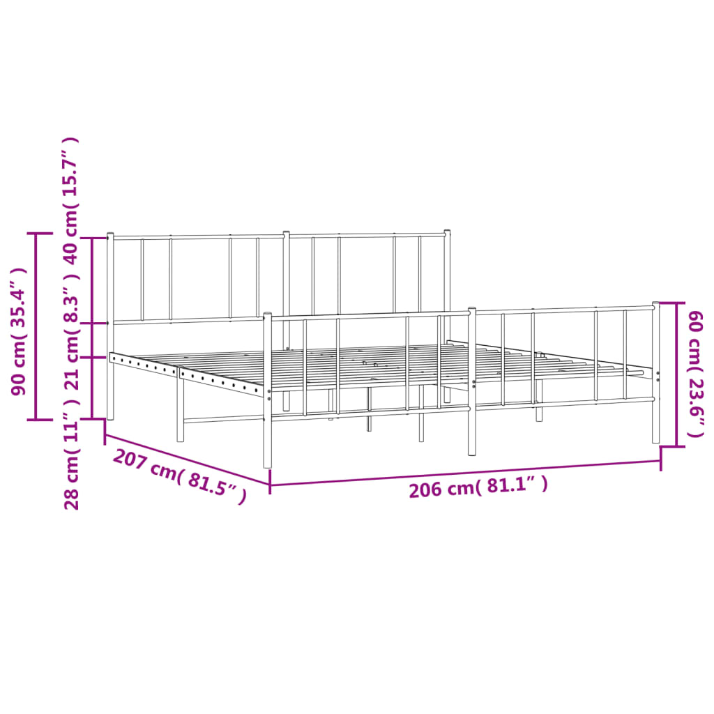 sengeramme med sengegavl og fodgærde 200x200 cm metal hvid