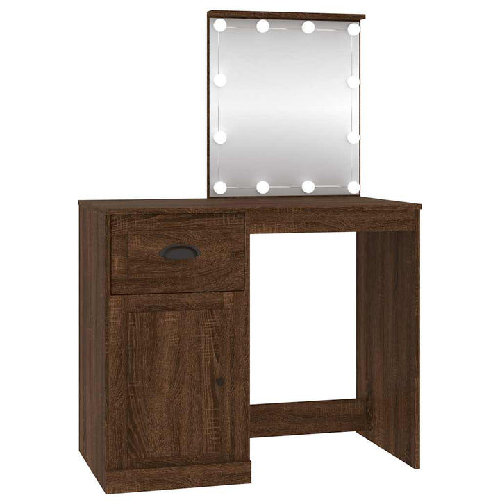 makeupbord med LED-lys 90x50x132,5 cm konstrueret træ brunt eg