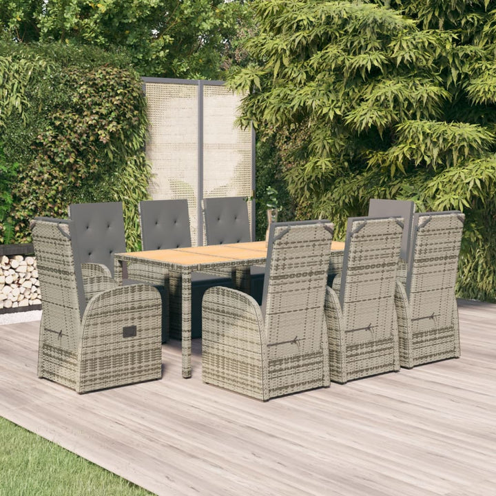 spisebordssæt til haven 9 dele med hynder polyrattan grå