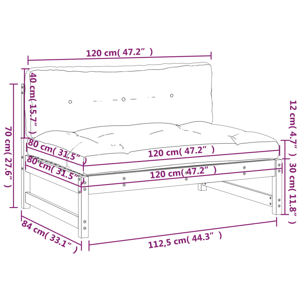 midtermodul til sofa 120x80 cm massivt fyrretræ grå