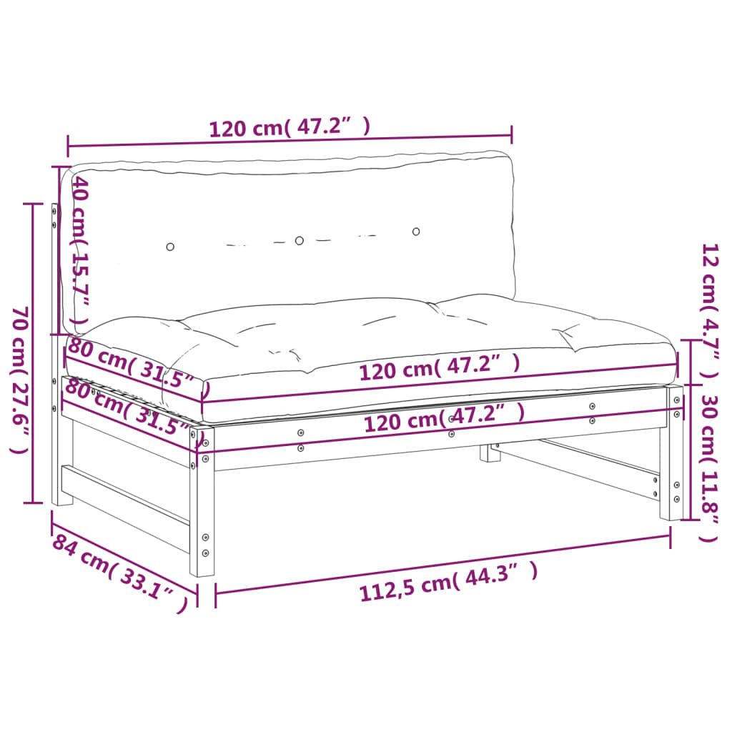 midtermodul til sofa 120x80 cm massivt fyrretræ sort