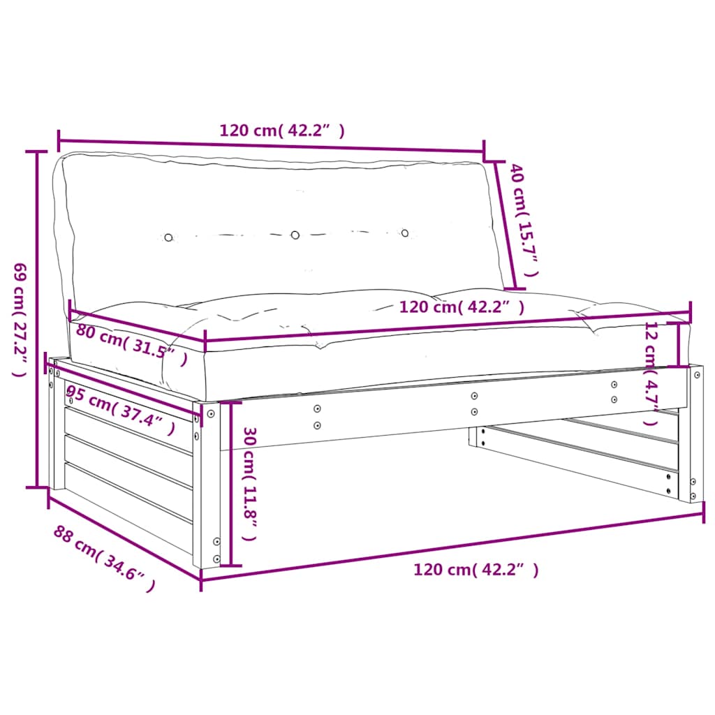 midtermodul til sofa 120x80 cm massivt fyrretræ hvid