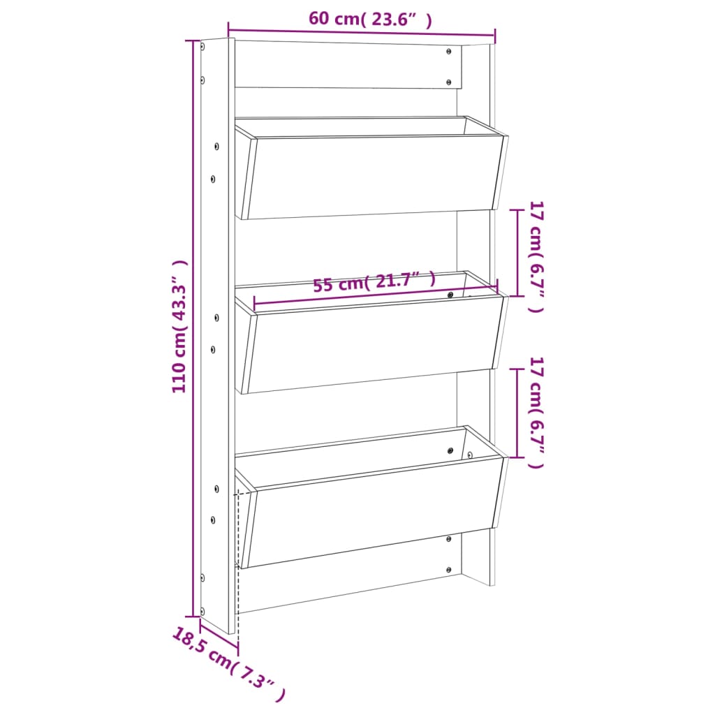 plantevæg 60x18,5x110 cm 3 niveauer massivt fyrretræ
