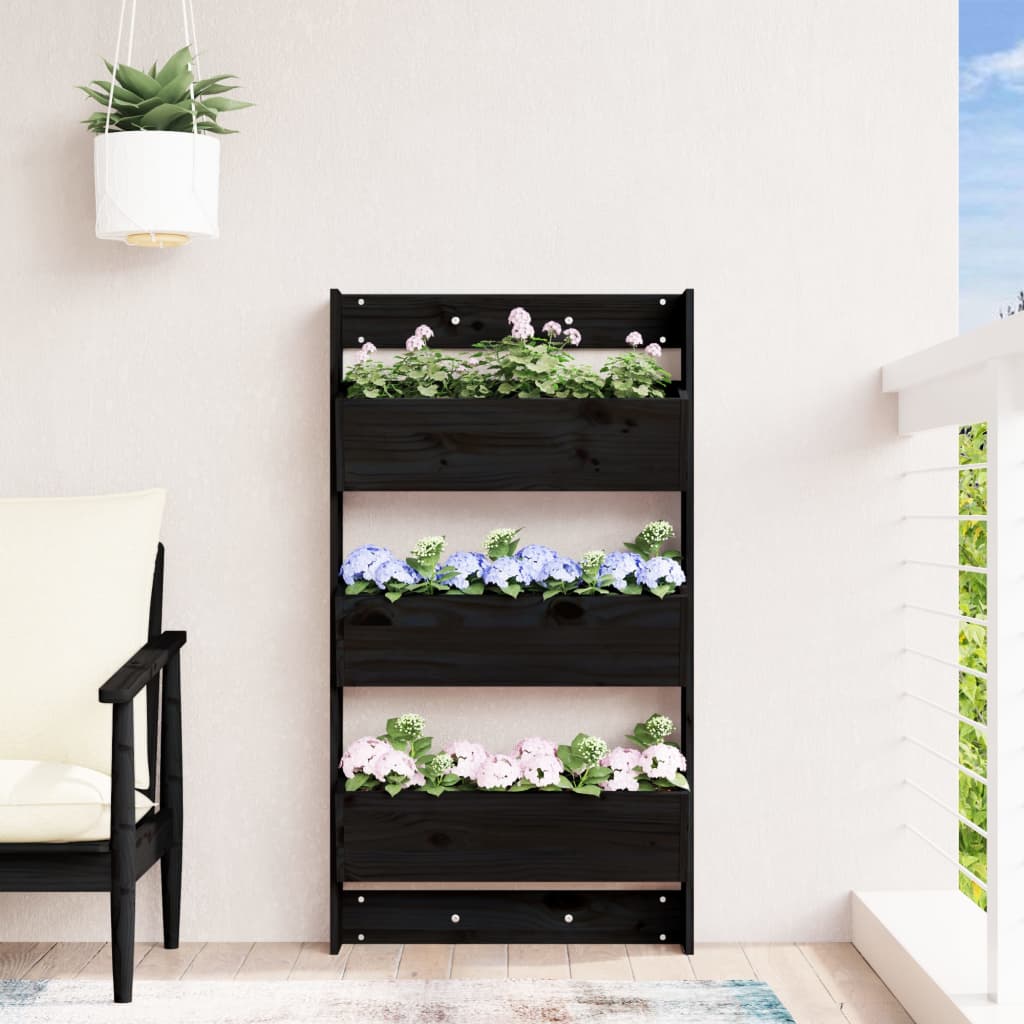 plantevæg 60x18,5x110 cm 3 niveauer massivt fyrretræ sort