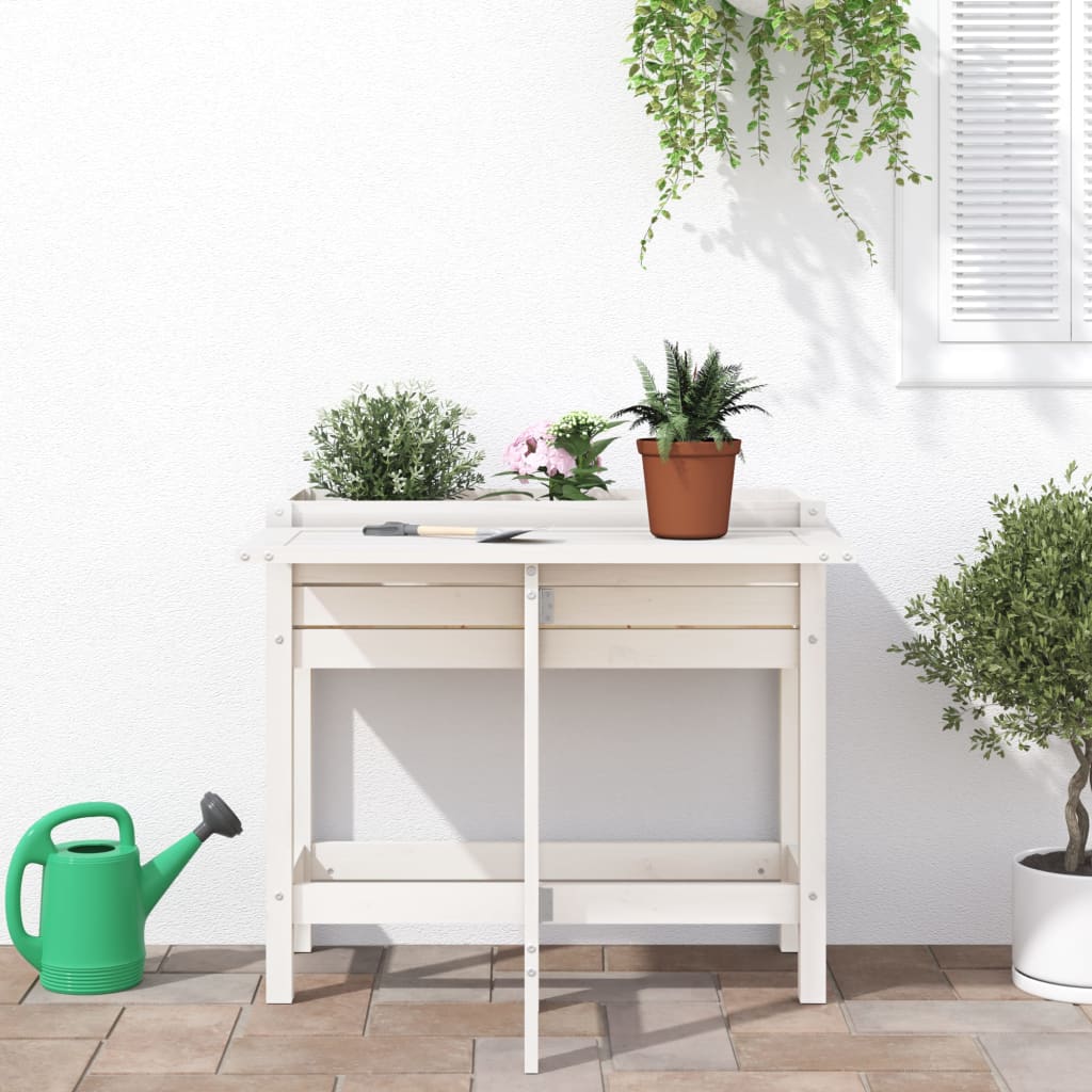 plantekasse med foldbar bordplade massivt fyrretræ hvid