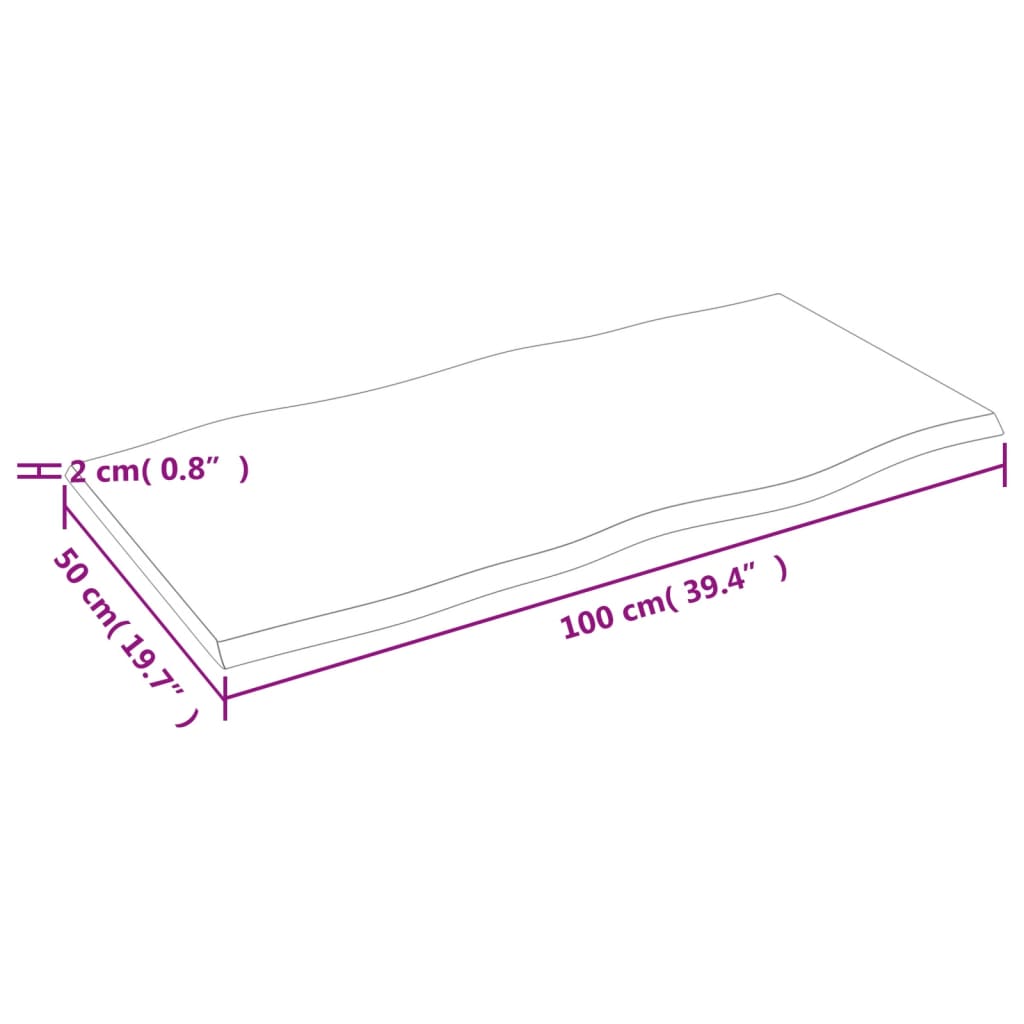 bordplade 100x50x2 cm naturlig kant ubehandlet massivt egetræ