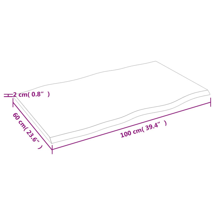 bordplade 100x60x2 cm naturlig kant ubehandlet massivt egetræ