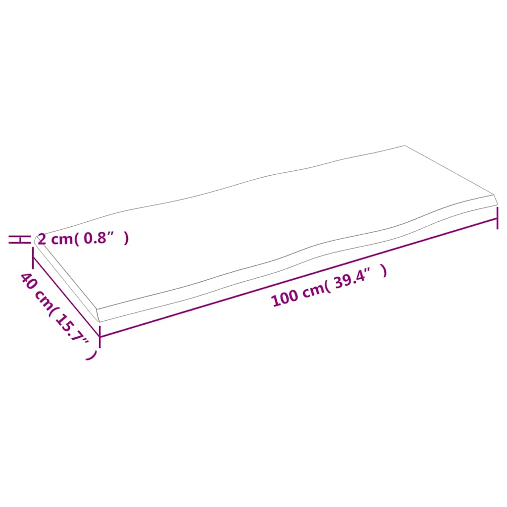 bordplade 100x40x2 cm naturlig kant behandlet egetræ lysebrun