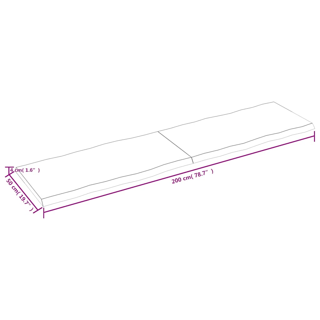 bordplade 200x50x(2-4) cm naturlig kant behandlet træ mørkebrun