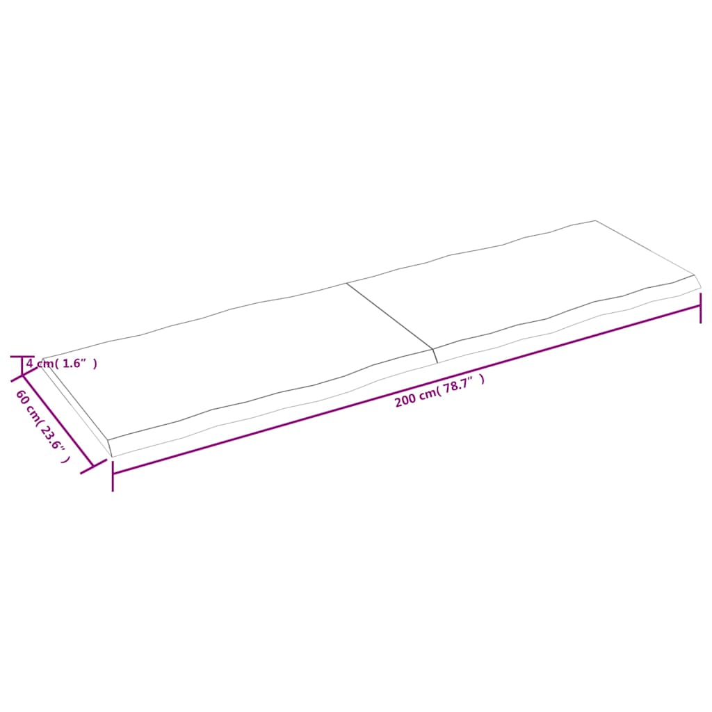 bordplade 200x60x(2-4) cm naturlig kant behandlet træ mørkebrun