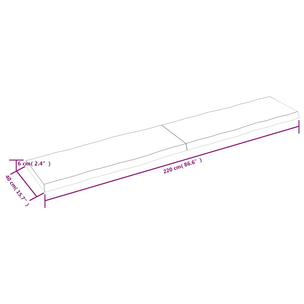bordplade 220x40x(2-6) cm naturlig kant behandlet træ mørkebrun